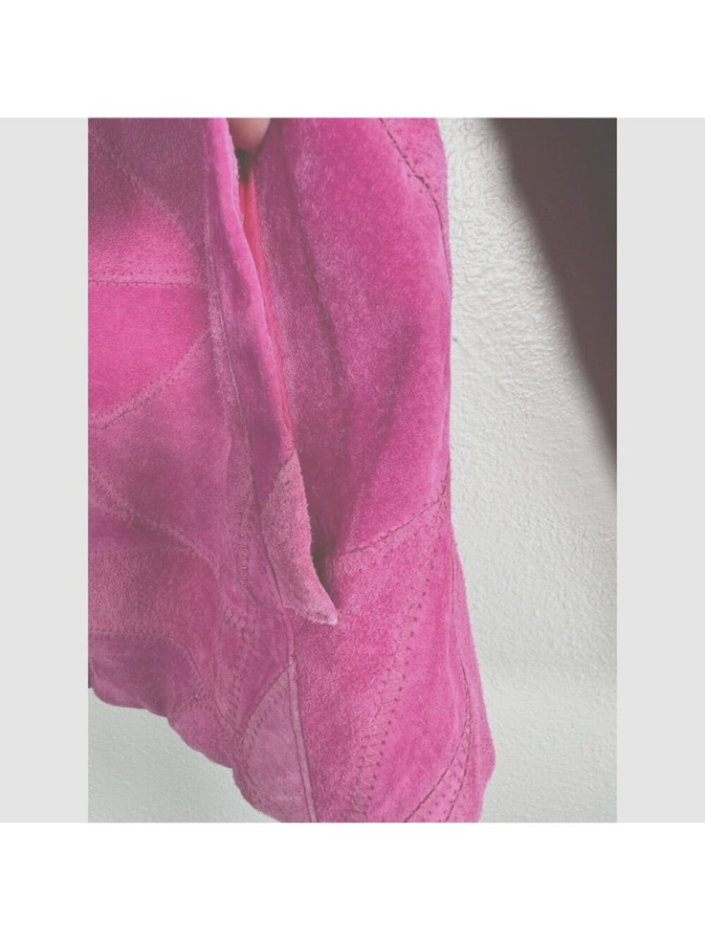 Vintage Suede Jacket Coat Womens Hot Pink X-XL Patchwork Full Zip Pockets 1970s - Picture 6 of 9
